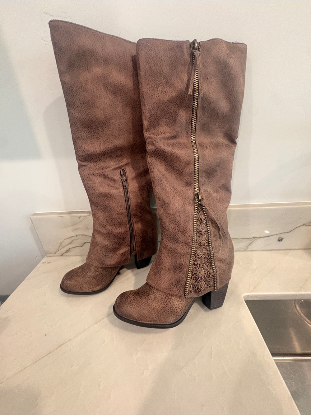 Women's Brown Knee-High Zip Boots - Picture 2 of 10